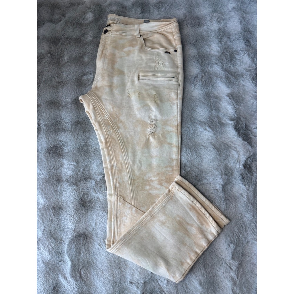 A. Tiziano Mens 44 Distressed Acid Wash Moto Jeans Tan Cream Stretch-0655